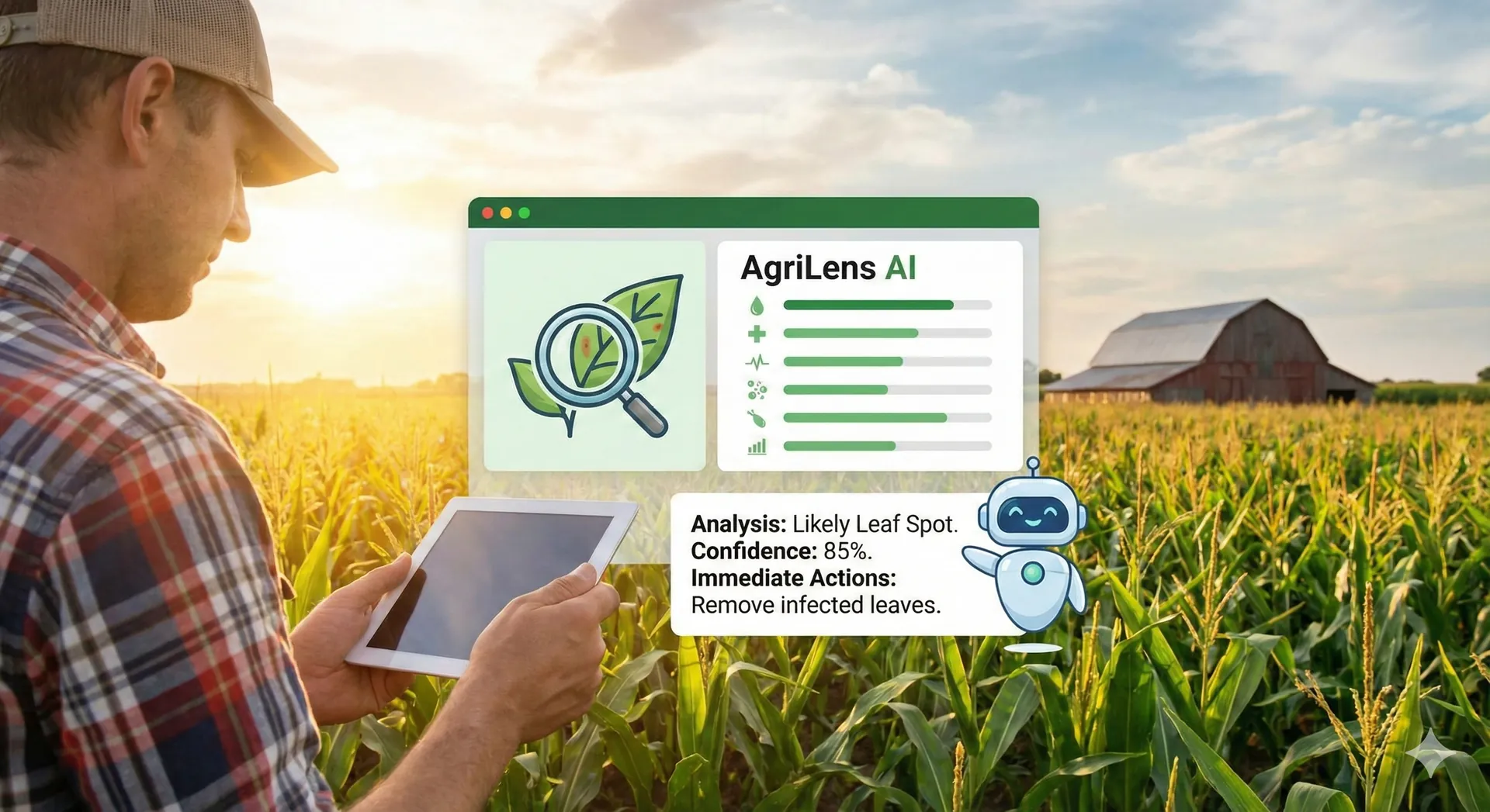 A farmer checking corn crop health with AgriLens AI